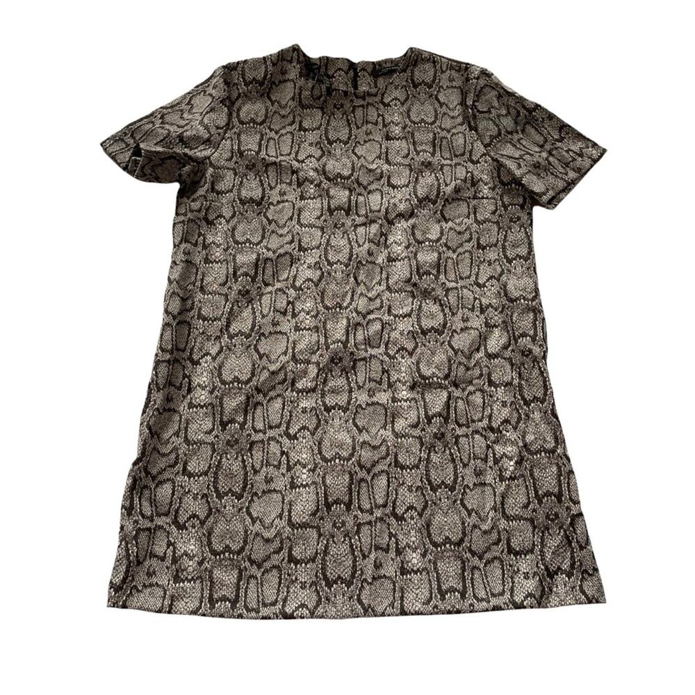 Zara Snakeskin Print Jacquard Dress Boxy Mini Short Sleeve Tan Brown L EUC - Picture 2 of 9